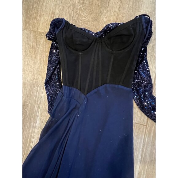 JASON WU COLLECTION Asymmetric navy cold-shoulder sequined chiffon maxi dress Si - Picture 11 of 12